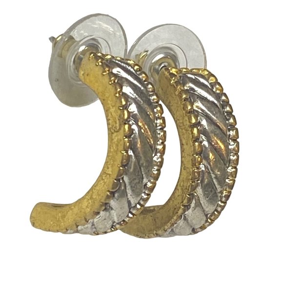 Jewelry - Silver Gold Tone Earrings Vintage Moon Half Circle Rope Edge Accent Pierced Stud